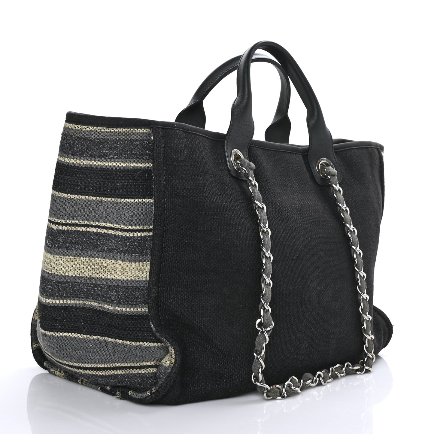 Striped Canvas Medium Deauville Tote Grey Black