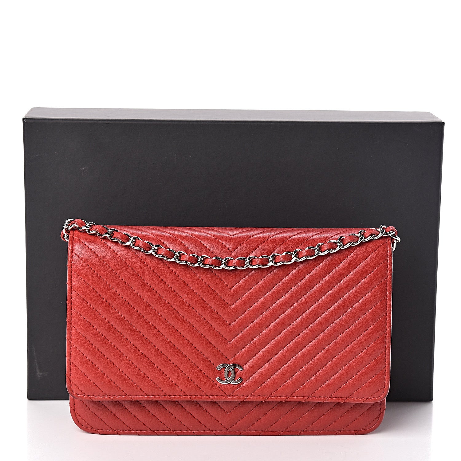 Chanel Lambskin Chevron Quilted Wallet On Chain WOC Red 15 of 15
