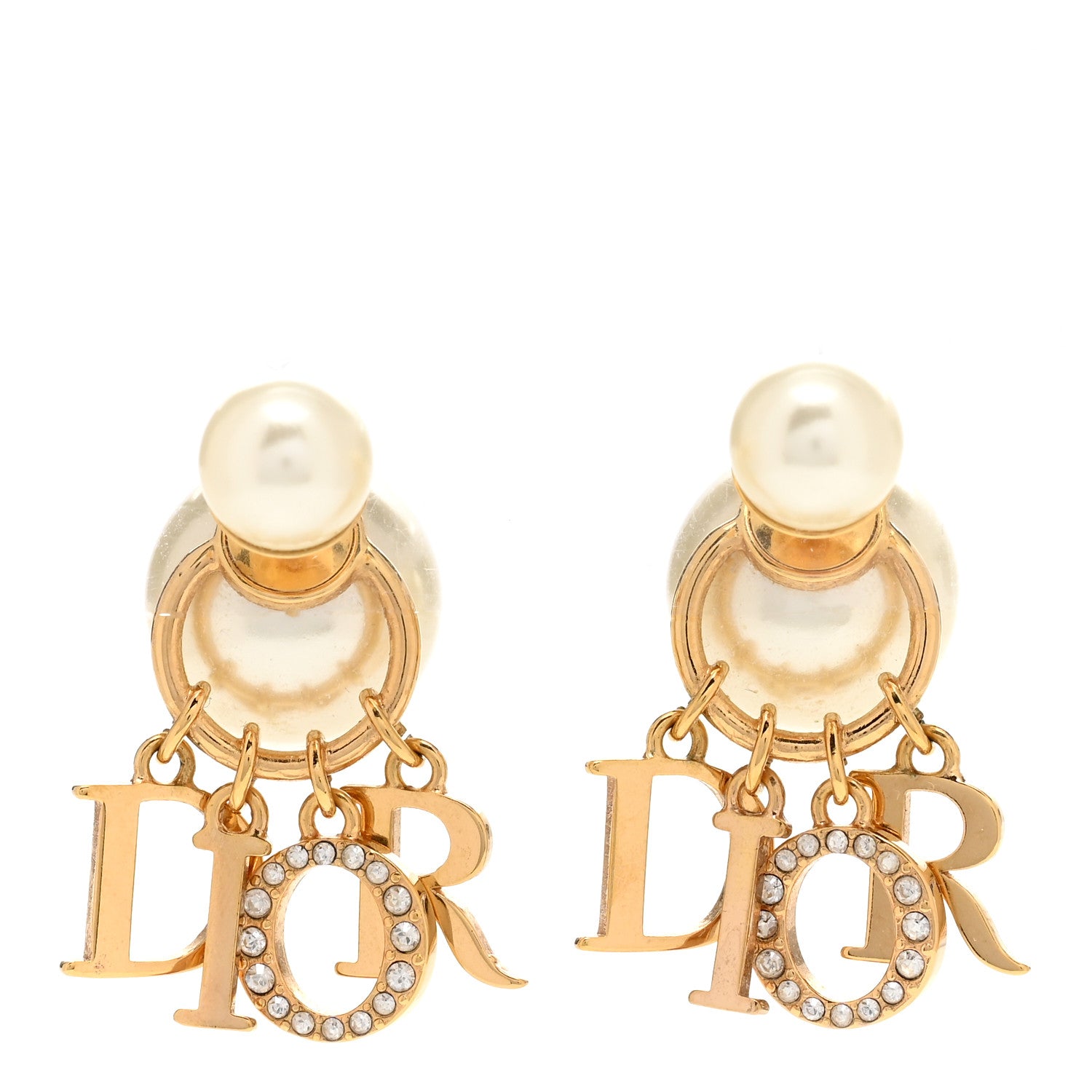 Christian Dior Pearl Crystal Tribal Logo Charms Earrings Gold 1 of 4