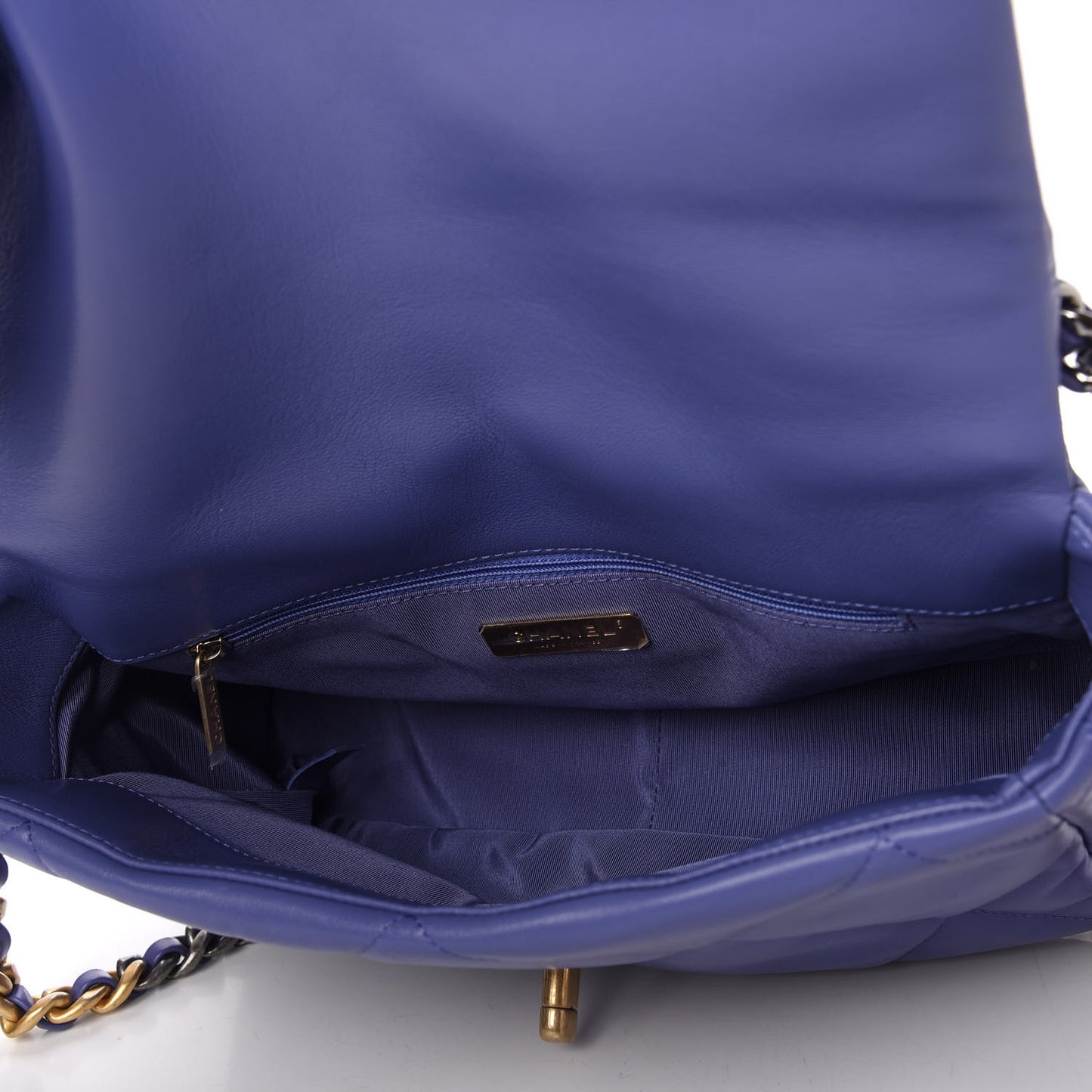 Shiny Goatskin Quilted Large Chanel 19 Flap Blue