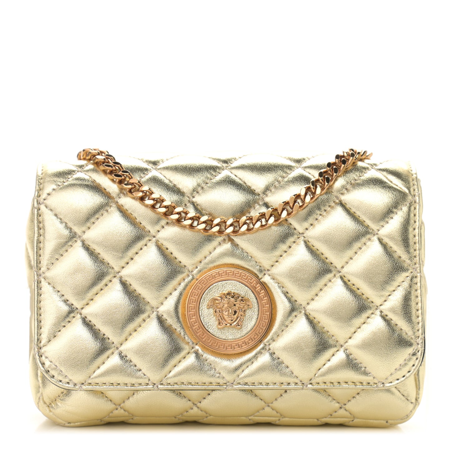 Metallic Nappa Quilted Small Medusa Chain Crossbody Gold