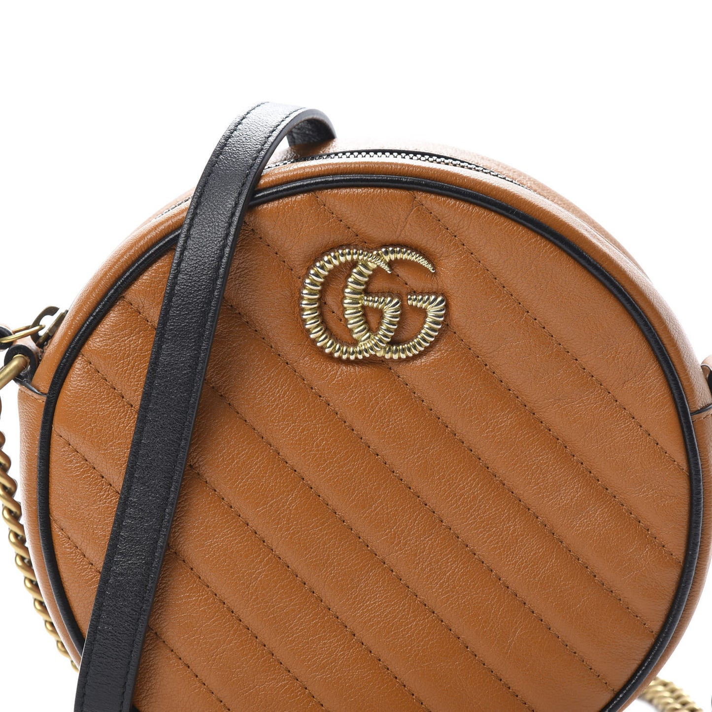 Azalea Calfskin Matelasse Diagonal Mini Torchon GG Marmont Round Shoulder Bag Cognac Black