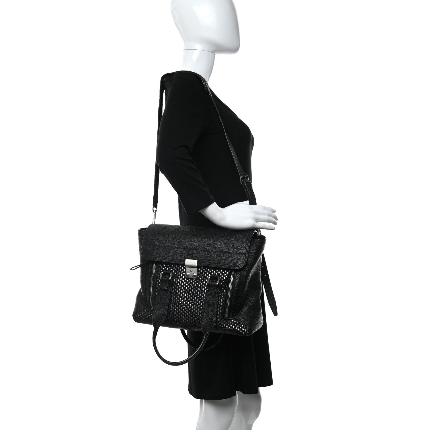 3.1 Phillip Lim 3.1 Textured Calfskin Woven Panel Medium Pashli Satchel Black Silver 2 of 8