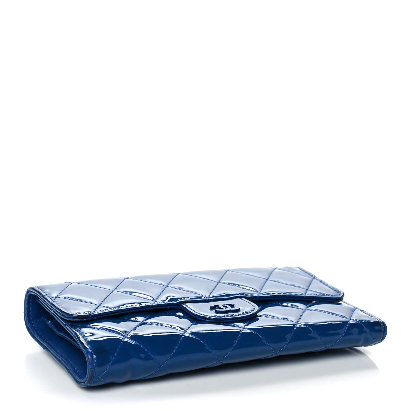 Patent Calfskin Quilted Large Flap Wallet Blue