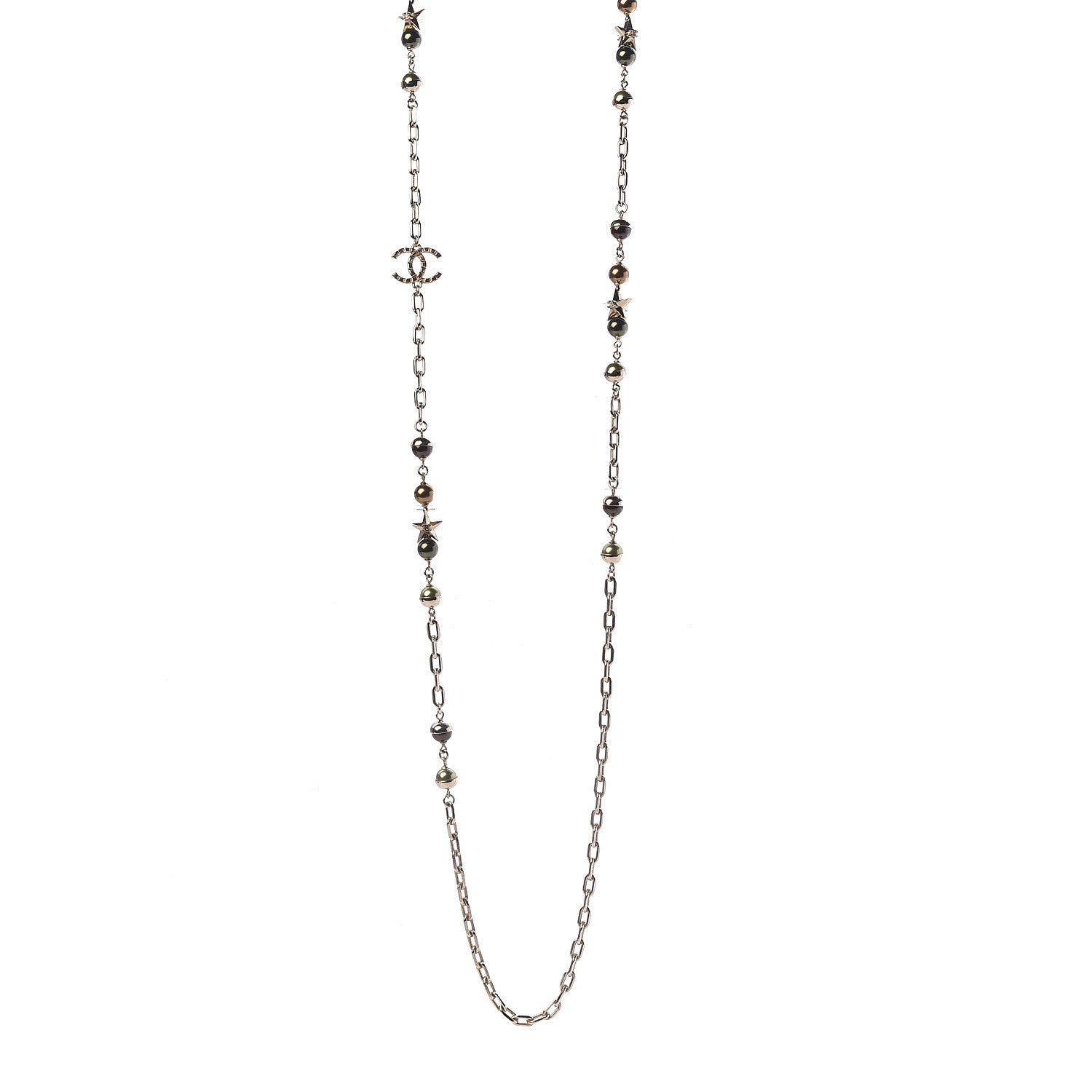 Chanel Beaded Star CC Long Necklace Green Gold 1 of 6