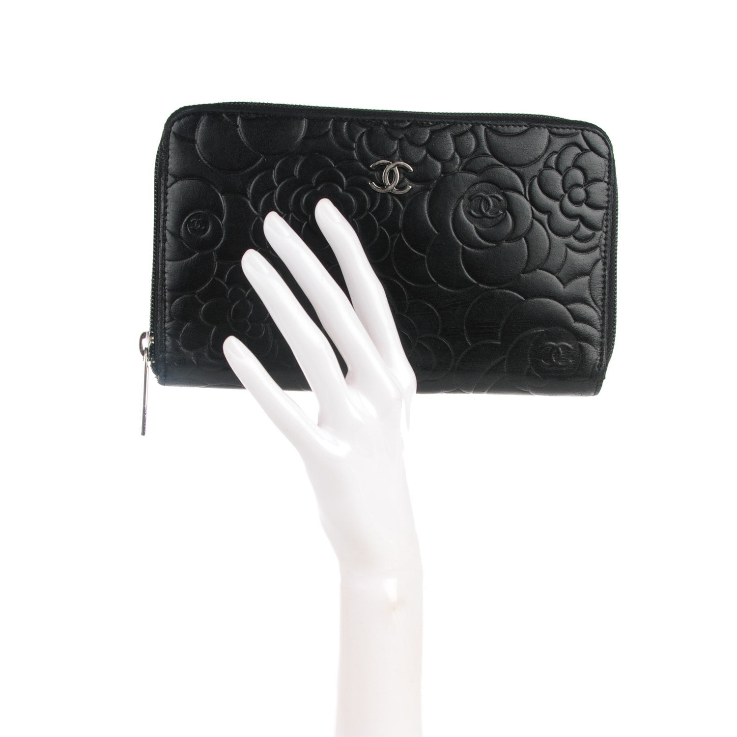 Chanel Lambskin Camellia Embossed Zip Around Organizer Wallet Black 2 of 8