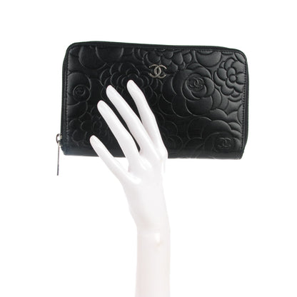 Chanel Lambskin Camellia Embossed Zip Around Organizer Wallet Black 2 of 8