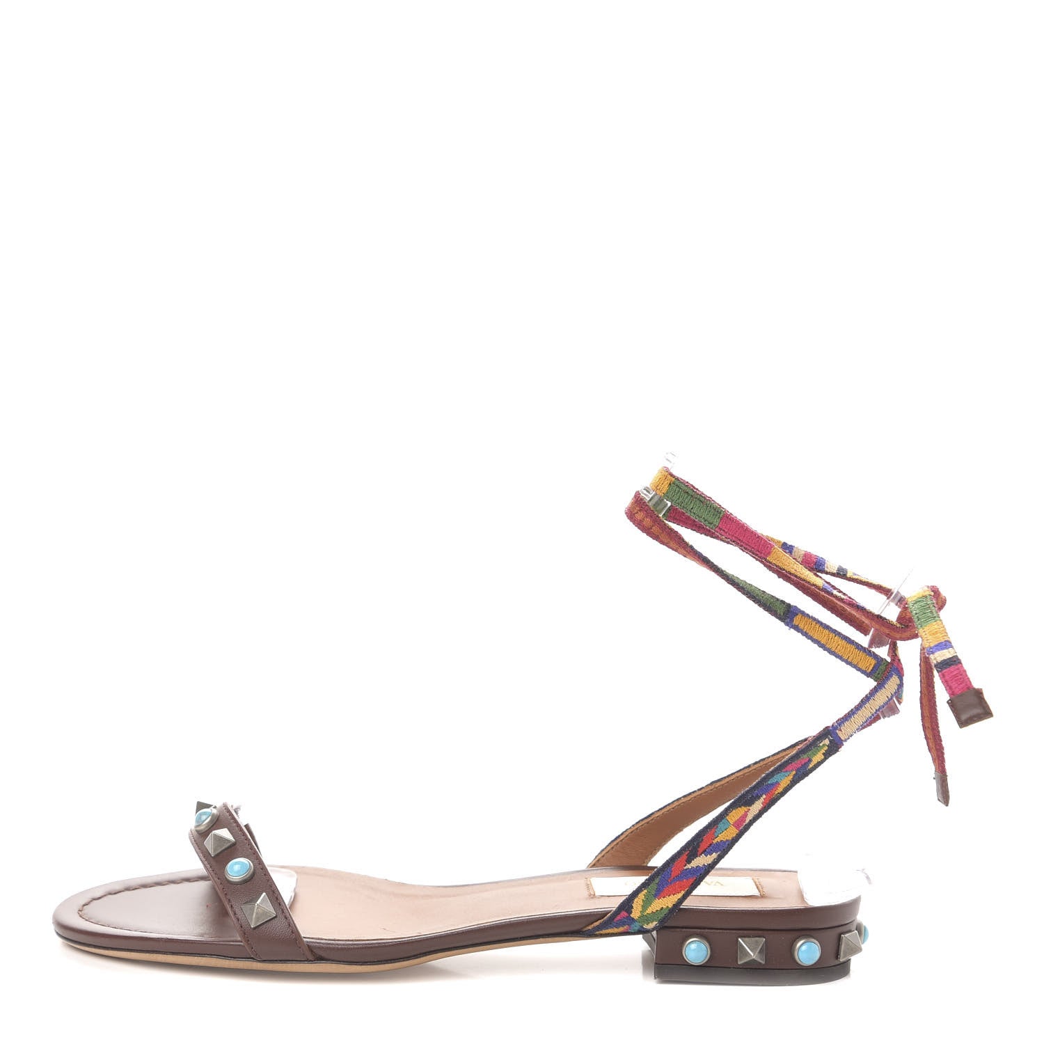 Valentino Garavani Calfskin Embroidered Rockstud Rolling Wrap Sandals 35.5 Brown 1 of 9