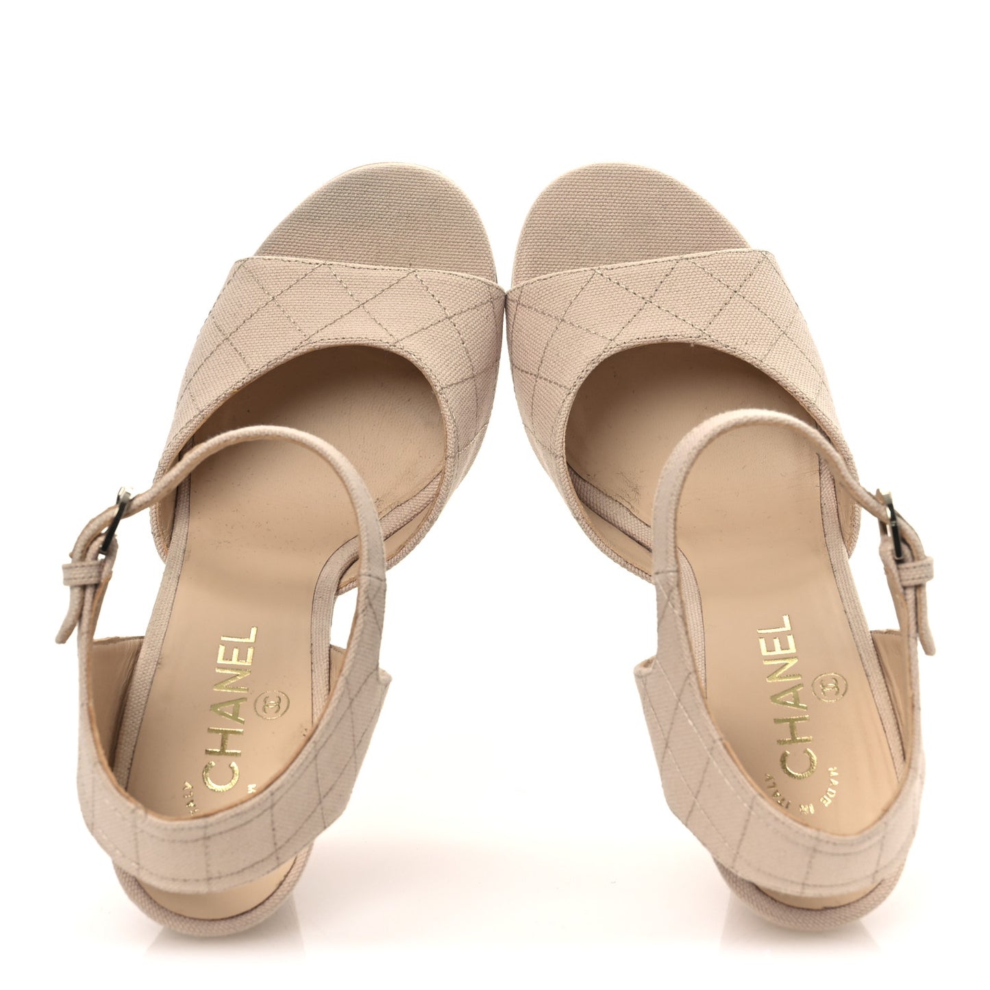 Canvas Quilted Peep Toe Wedge Sandals 39 Beige