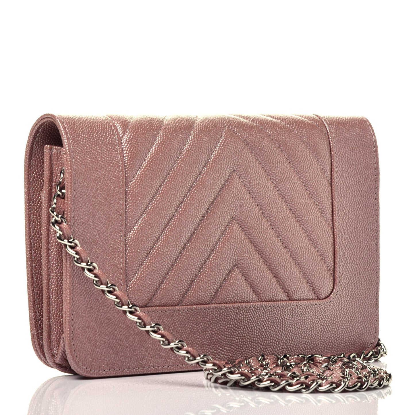 Metallic Caviar Chevron Quilted Vintage Mademoiselle Wallet On Chain WOC Pink