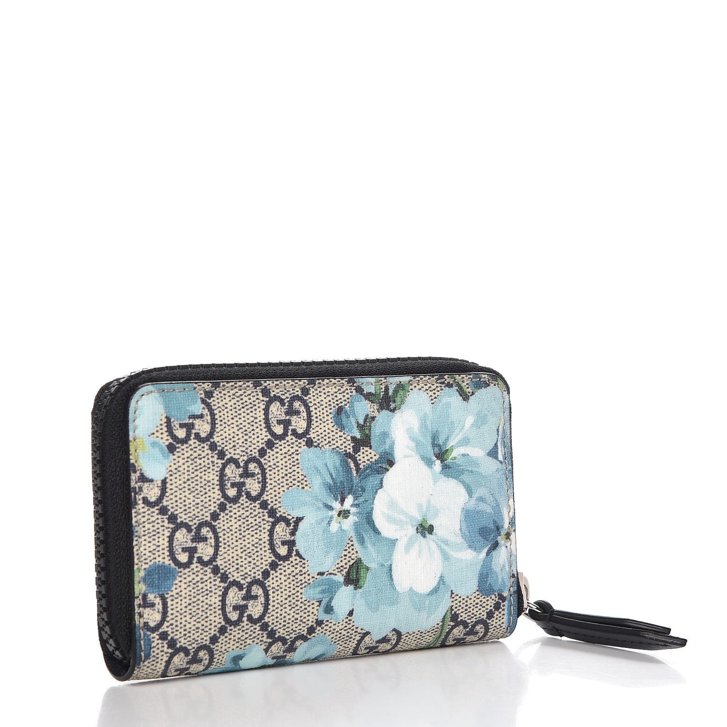 GG Supreme Monogram Blooms Zip Around Card Case Wallet Beige Blue Navy