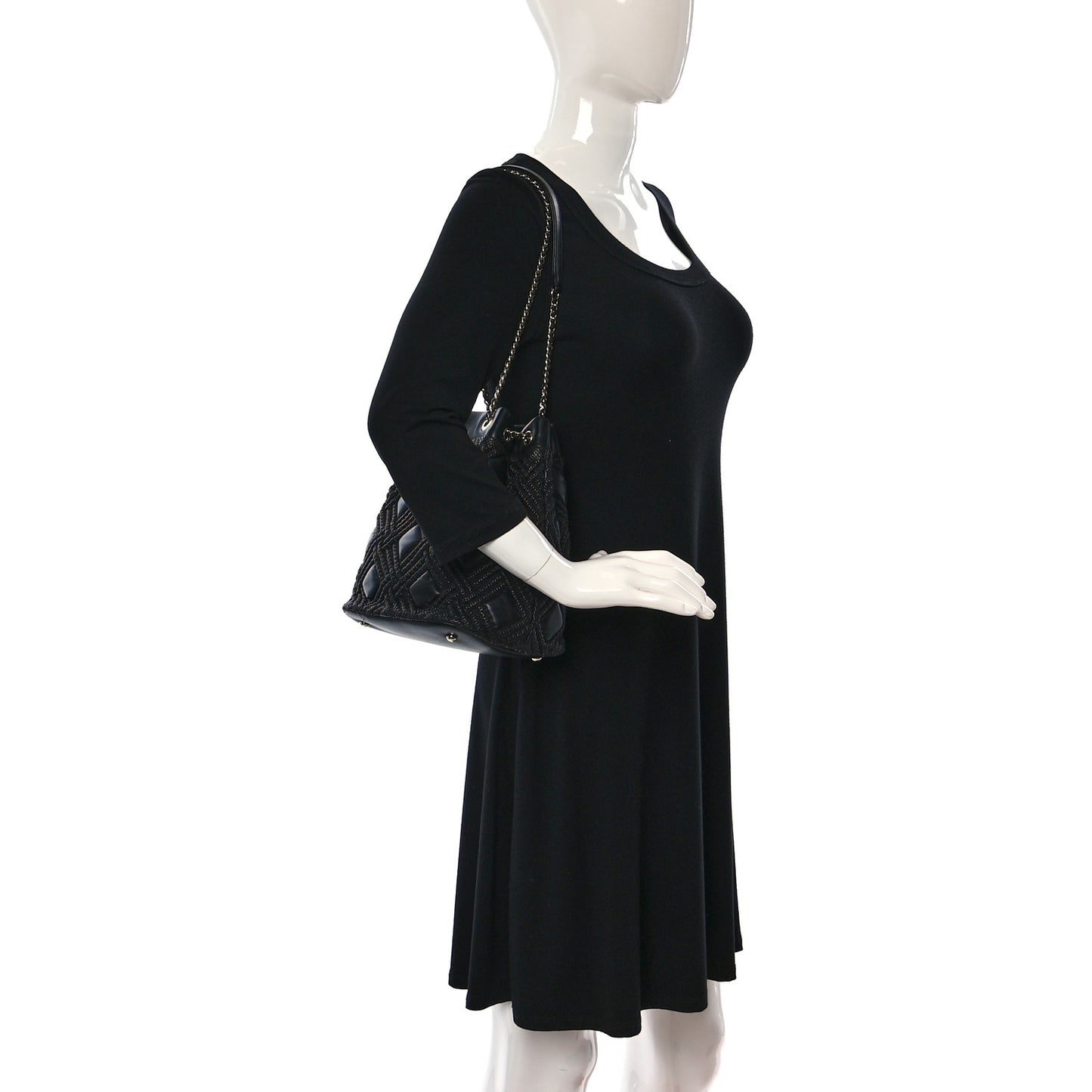 Lambskin Quilted Astrakan Drawstring Shoulder Bag Black