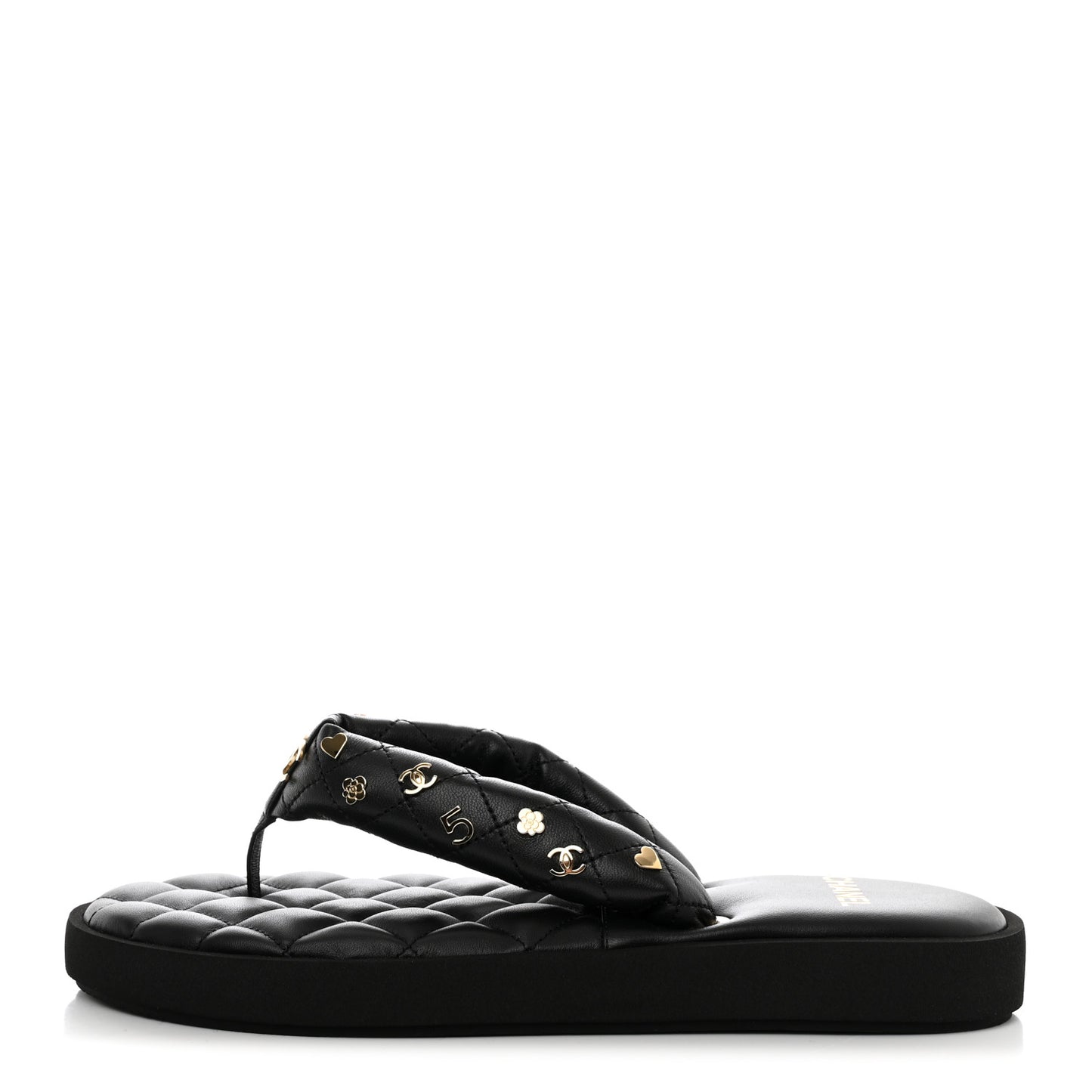 Lambskin Quilted Padded Charms Thong Sandals 41.5 Black
