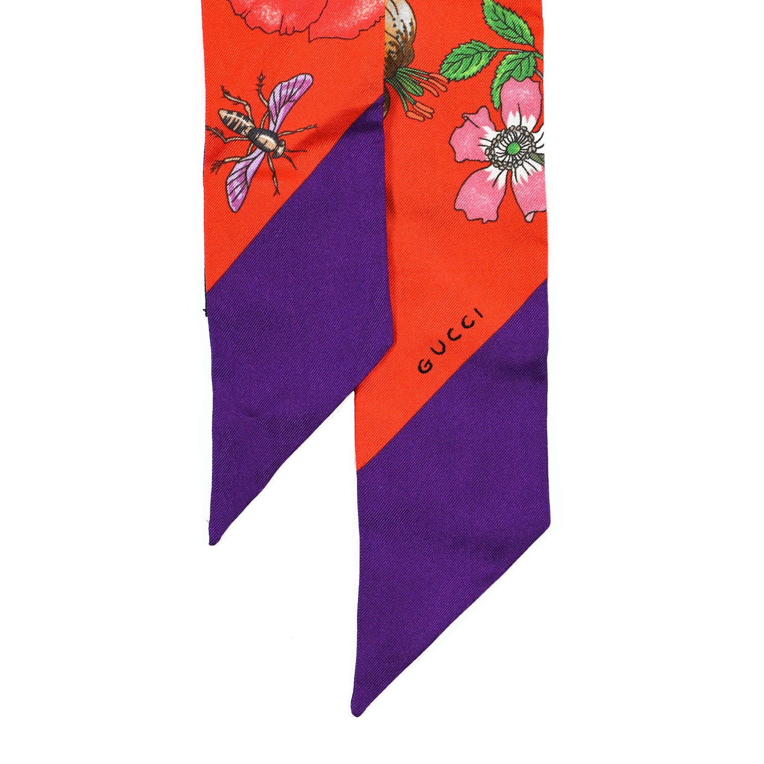 Gucci Silk Floral Neck Bow Scarf Orange Purple 2 of 3