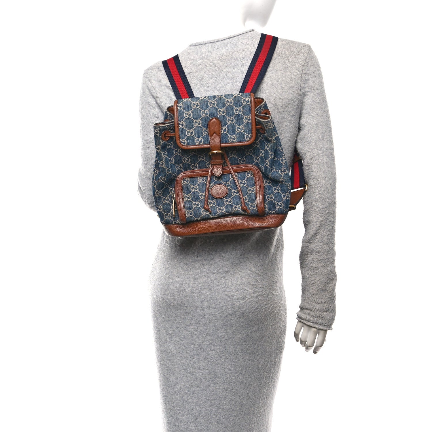 Gucci New Denim GG Monogram Retro Interlocking G Buckle Backpack