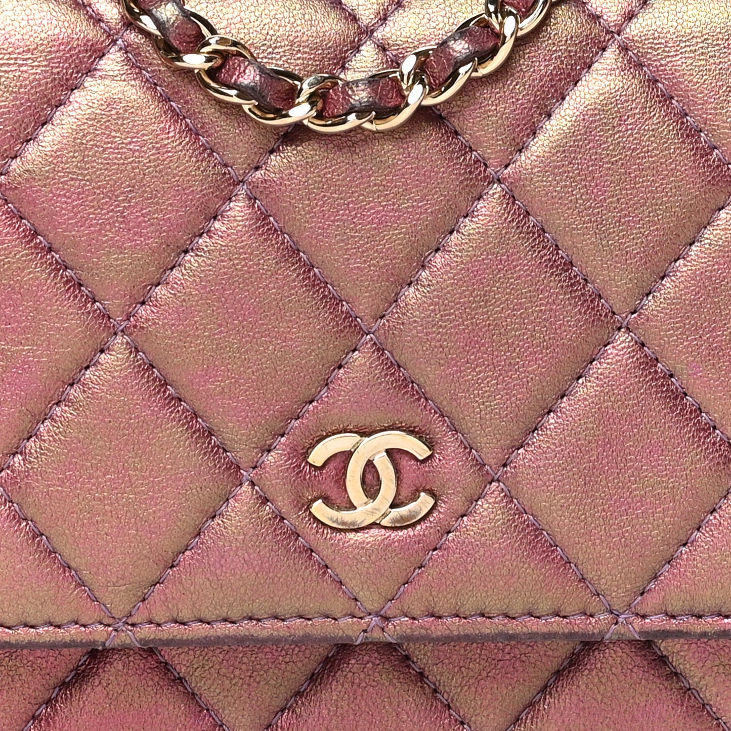 Iridescent Lambskin Quilted Mini Wallet On Chain WOC Purple