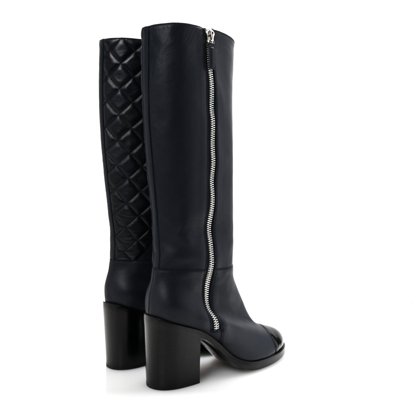 Calfskin Patent Cap Toe Quilted Logo Knee High Boots 39 Black