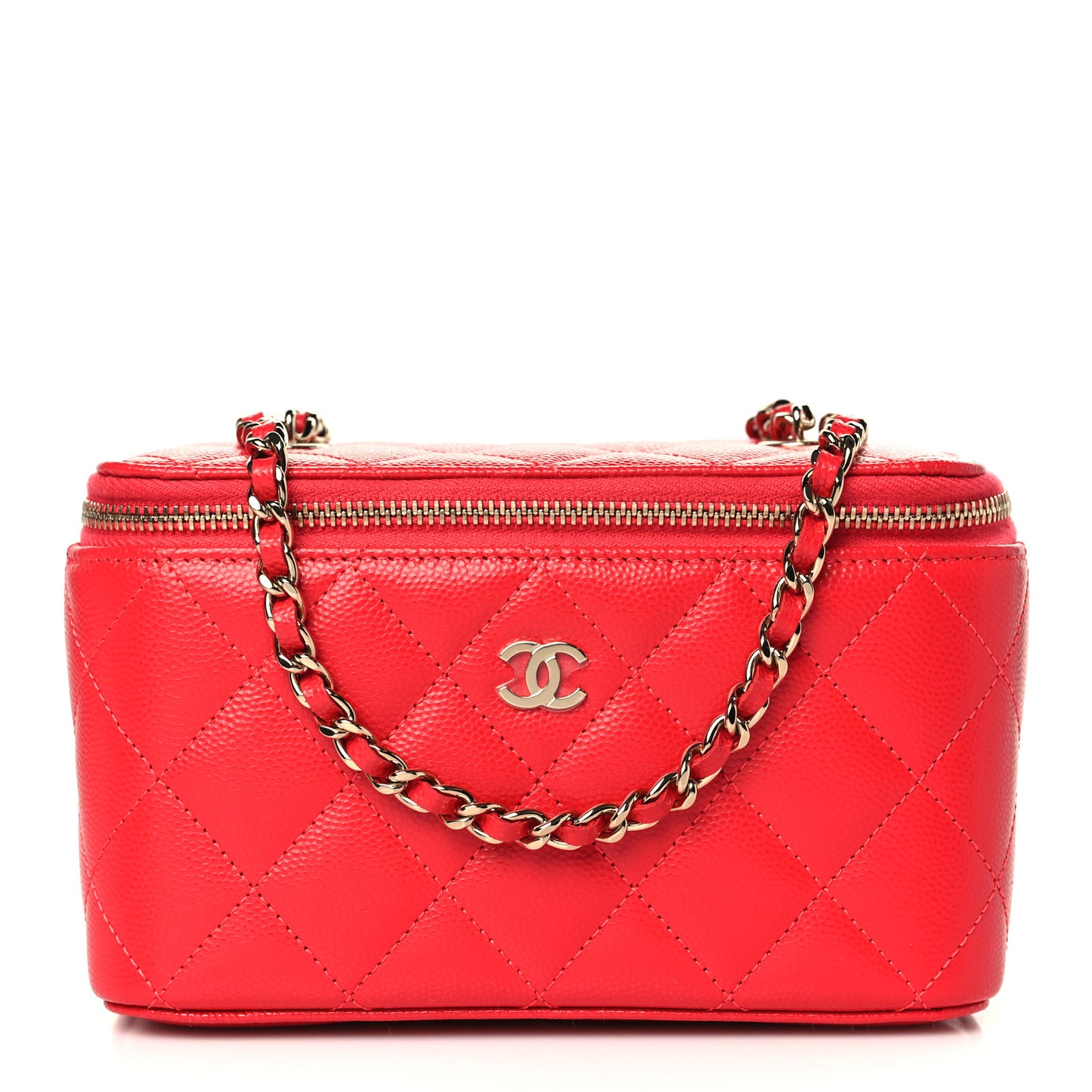 Caviar Quilted Small Vanity Case With Chain Red