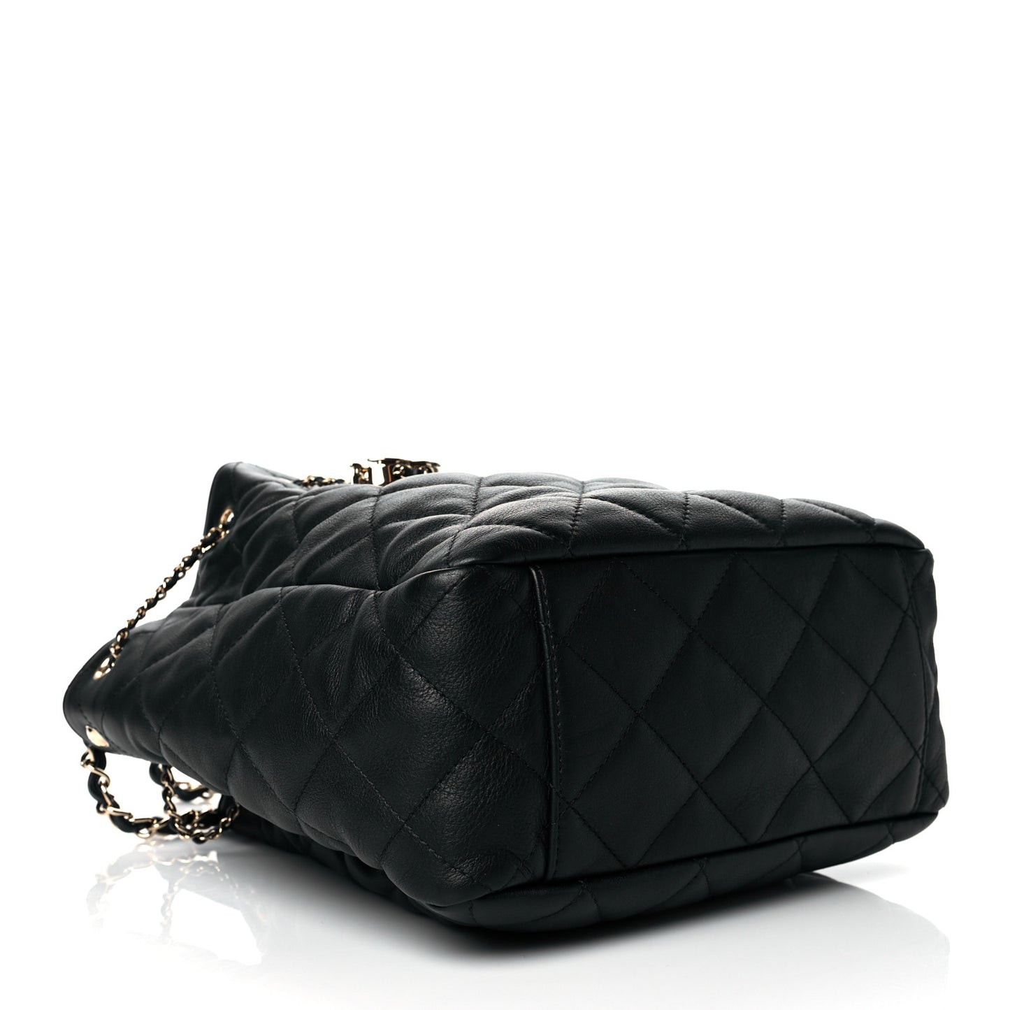 Goatskin Quilted Chain Drawstring Bag Black