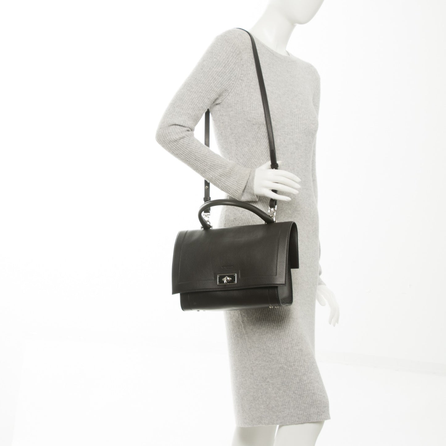 Grained Calfskin Small Shark Lock Satchel Black