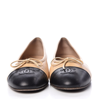 Chanel Lambskin Cap Toe Ballerina Flats 37 Beige Black 2 of 14