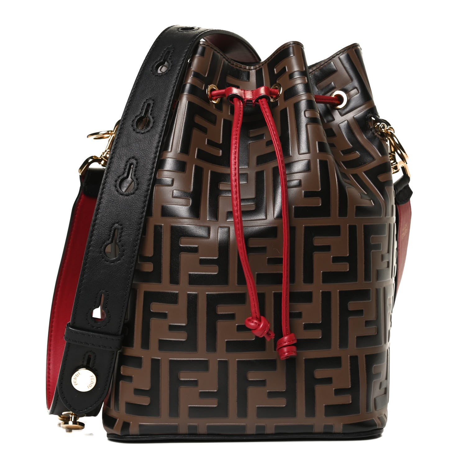 Fendi Vitello Grace F is Fendi Bi-Color FF 1974 Embossed Grande Mon Tresor Bucket Bag Maya Black Fragola 1 of 14