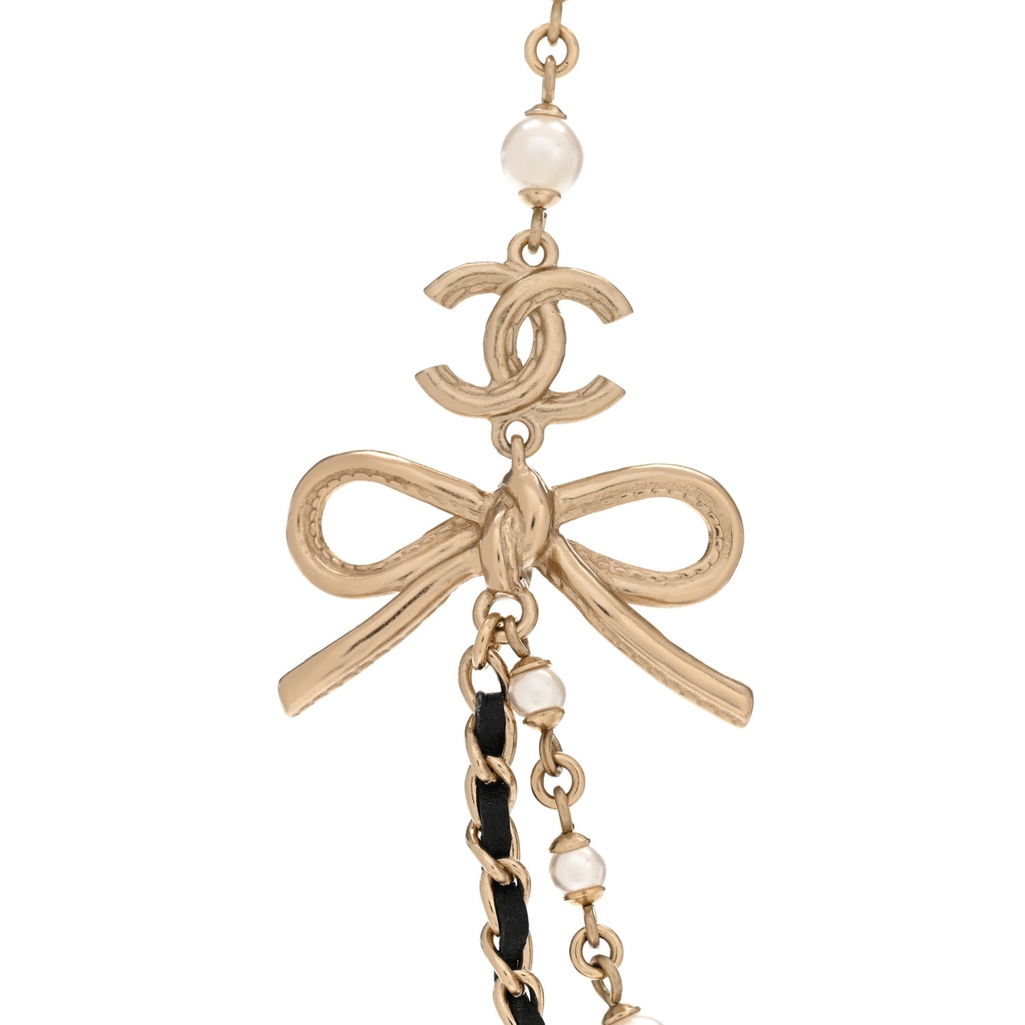 Calfskin Pearl Metal CC Bow Necklace Gold White Black
