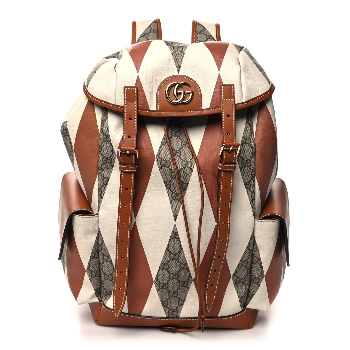 GG Supreme Monogram Calfskin Rhombus Print Medium Ophidia Double Buckle Backpack Beige Ebony Mystic White Hazel Brown