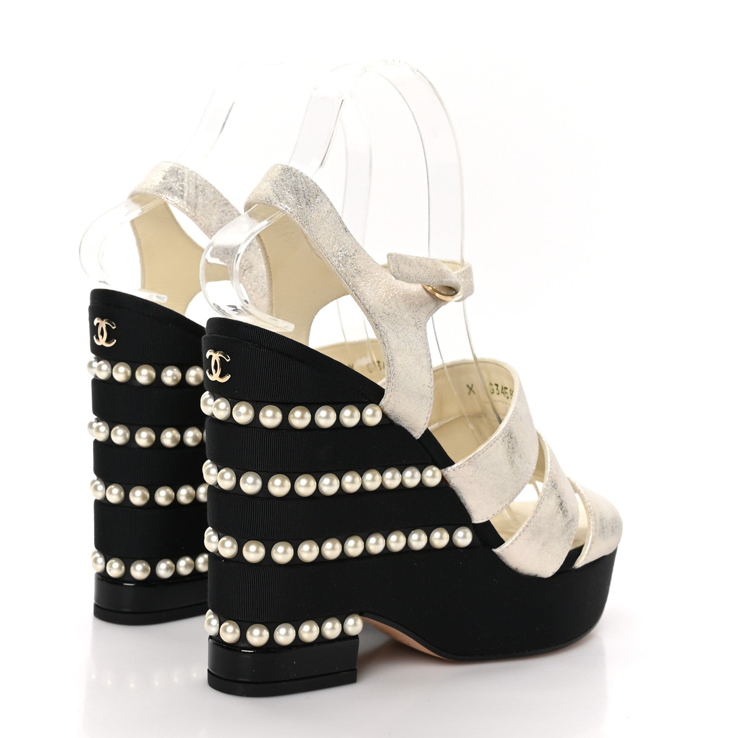 Chanel Metallic Crumpled Calfskin Grosgrain Pearl Wedge Sandals 39 Black Silver 4 of 9
