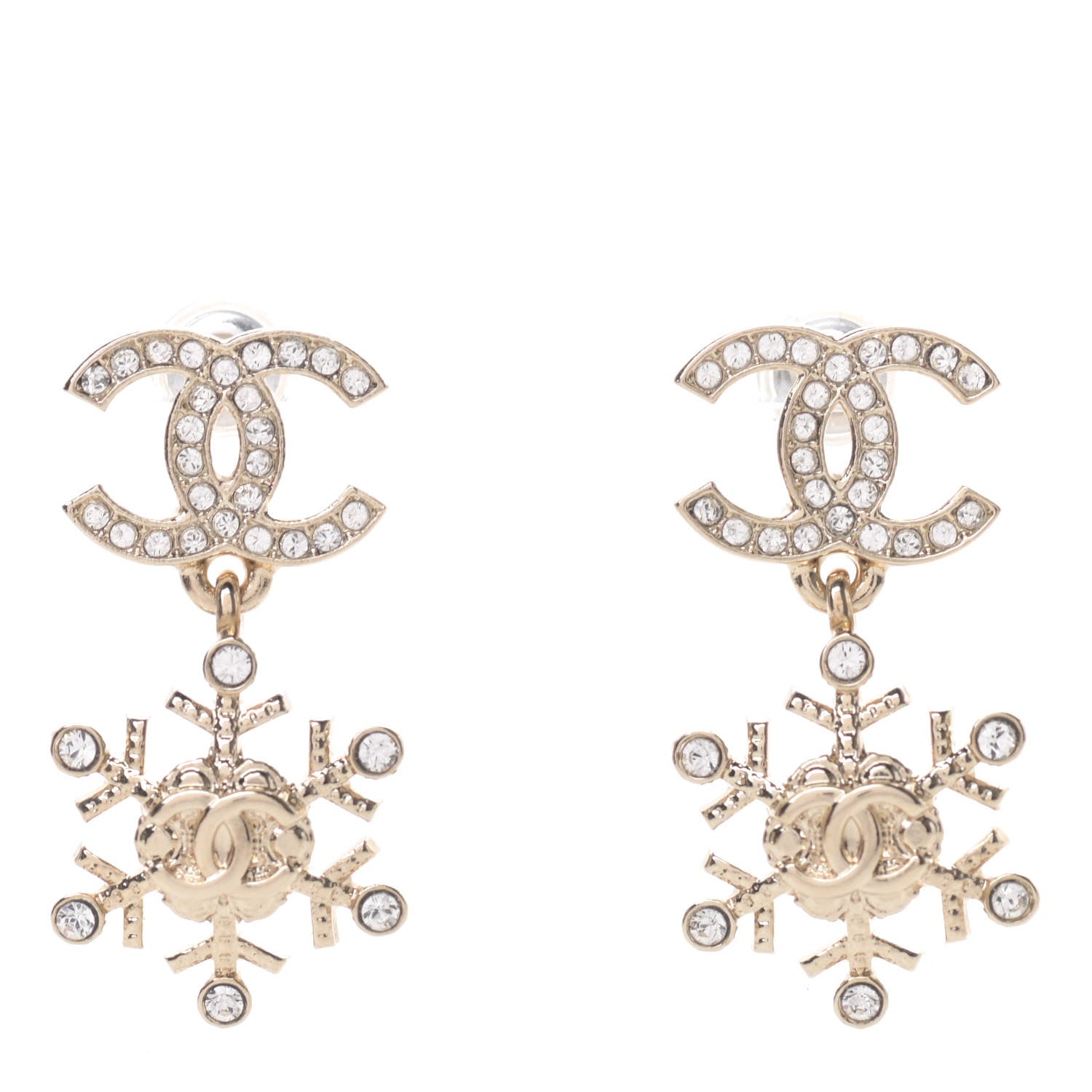 Chanel Crystal Snowflake CC Drop Earrings Gold 1 of 5