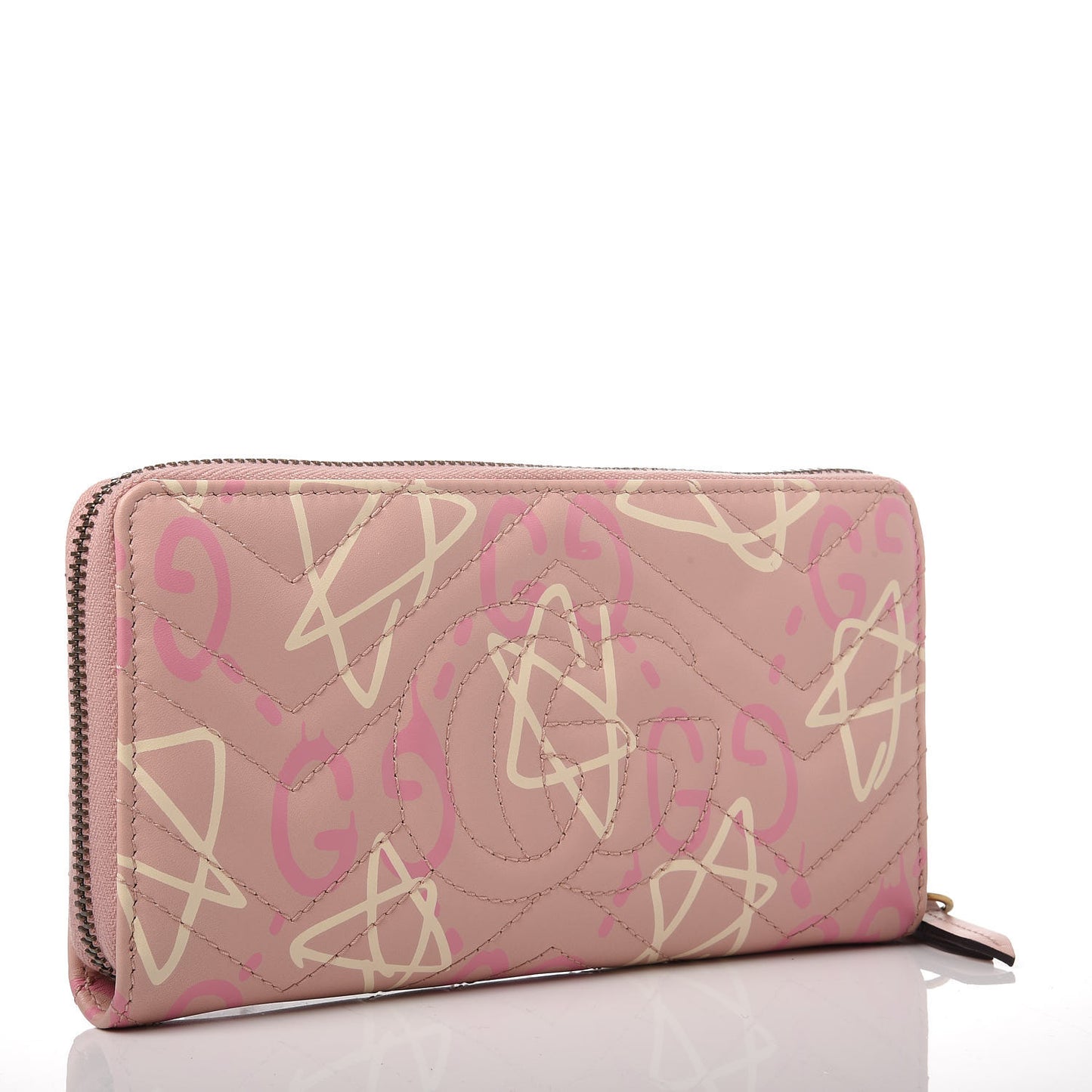 Calfskin Matelasse GucciGhost GG Marmont Zip Around Wallet Perfect Pink Rosa Ivory