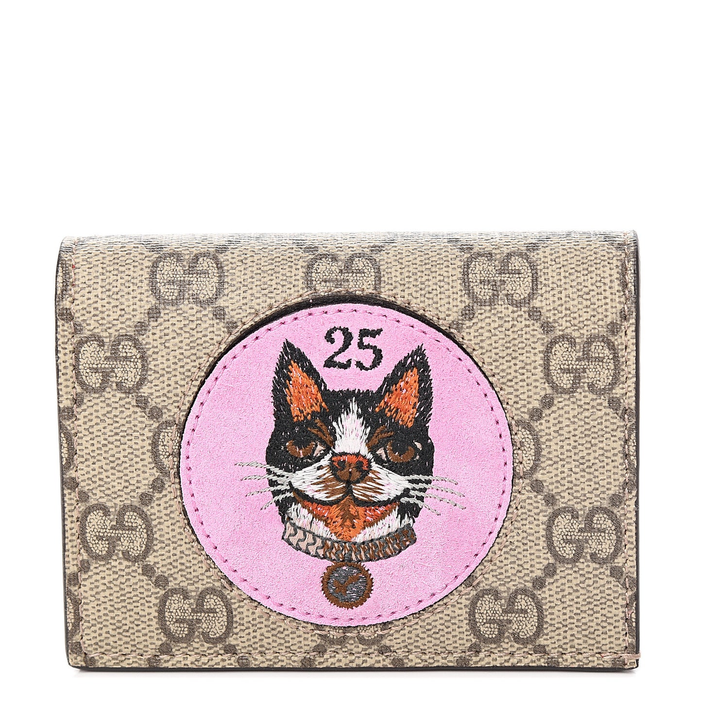 GG Supreme Monogram Bosco Patch Card Case Wallet Beige Malva Hibiscus Red