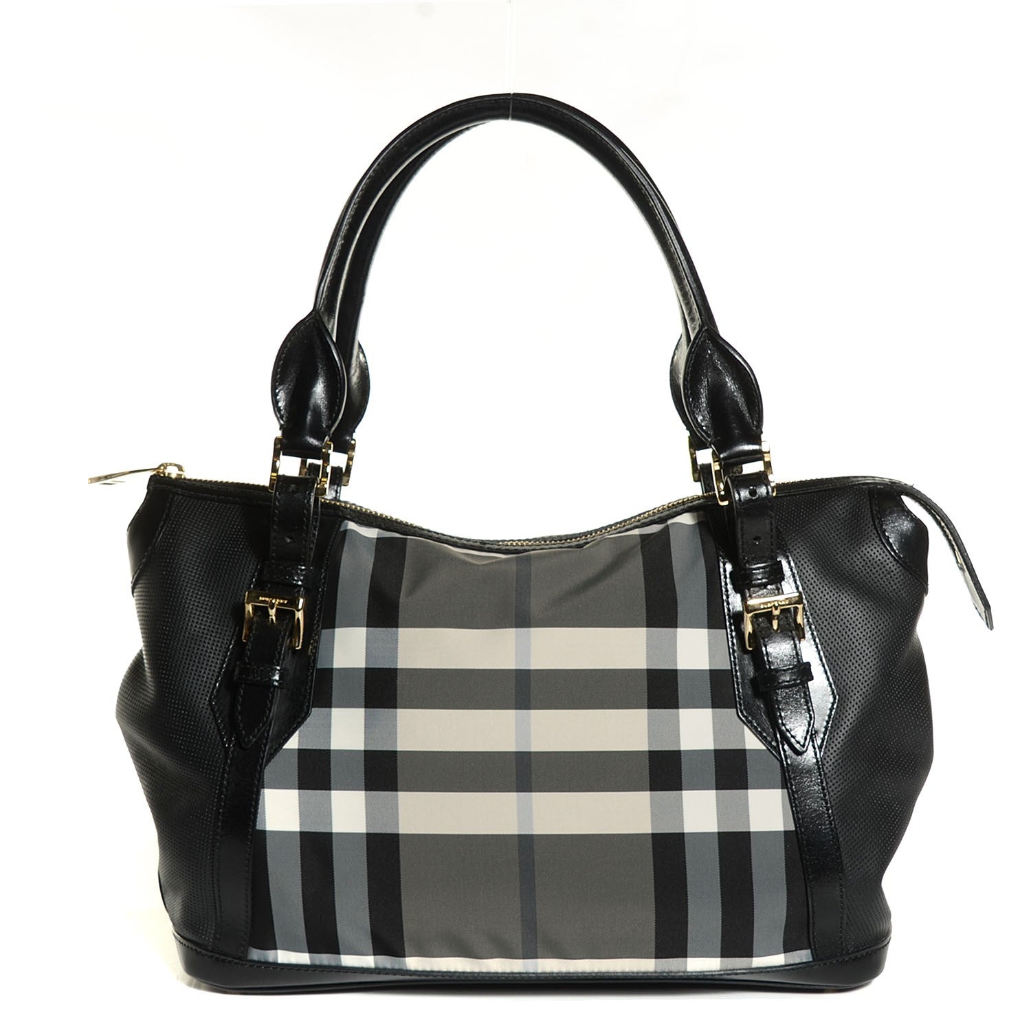Burberry Beat Check Bridle Calfskin Nylon Medium Landscape Lynher Tote Charcoal 1 of 12