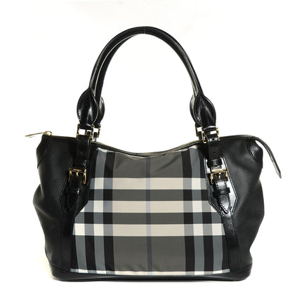 Burberry Beat Check Bridle Calfskin Nylon Medium Landscape Lynher Tote Charcoal 1 of 12