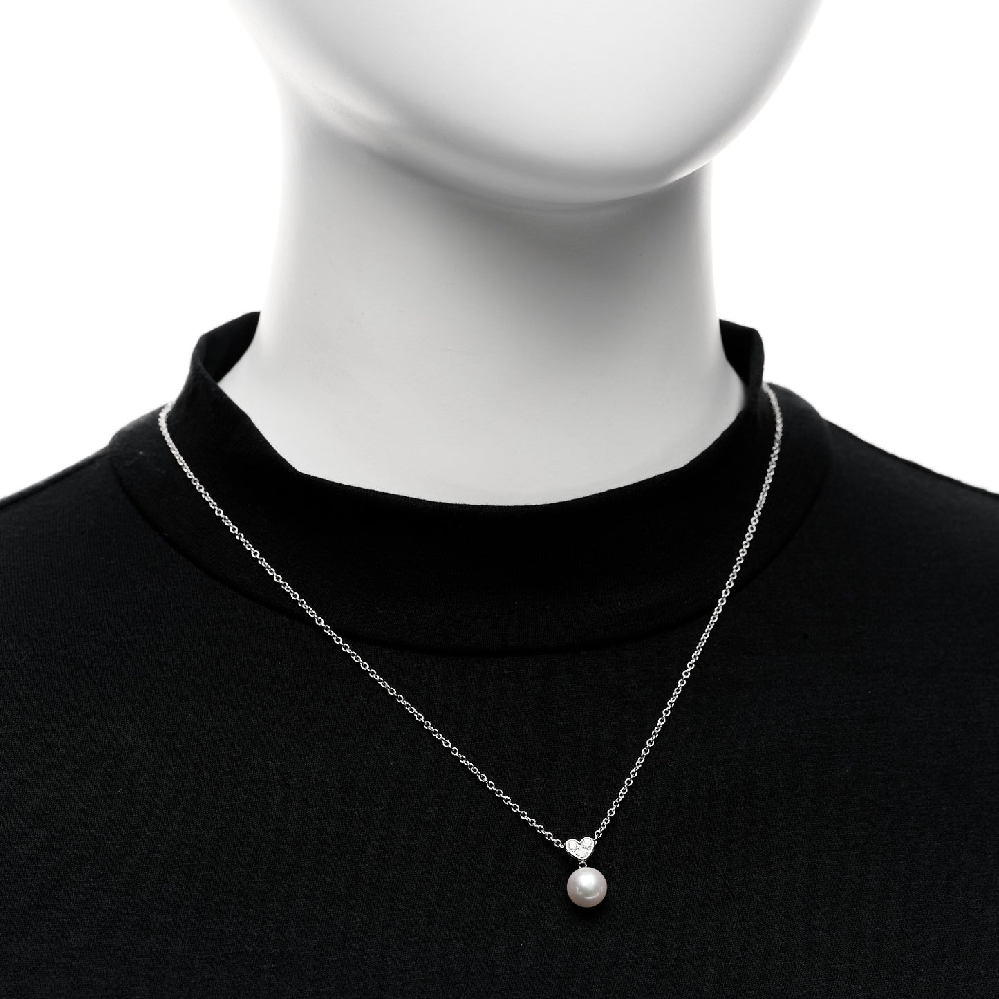 18K White Gold Diamond Akoya Cultured Pearl 8mm Heart Drop Pendant Necklace