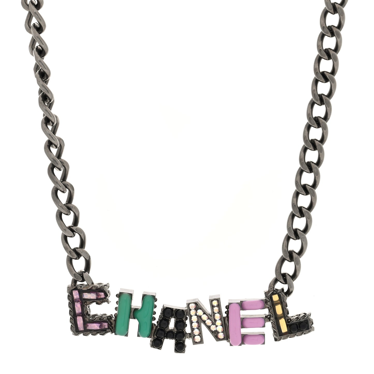 Crystal Enamel Pearl CC Logo Chain Choker Dark Silver Multicolor