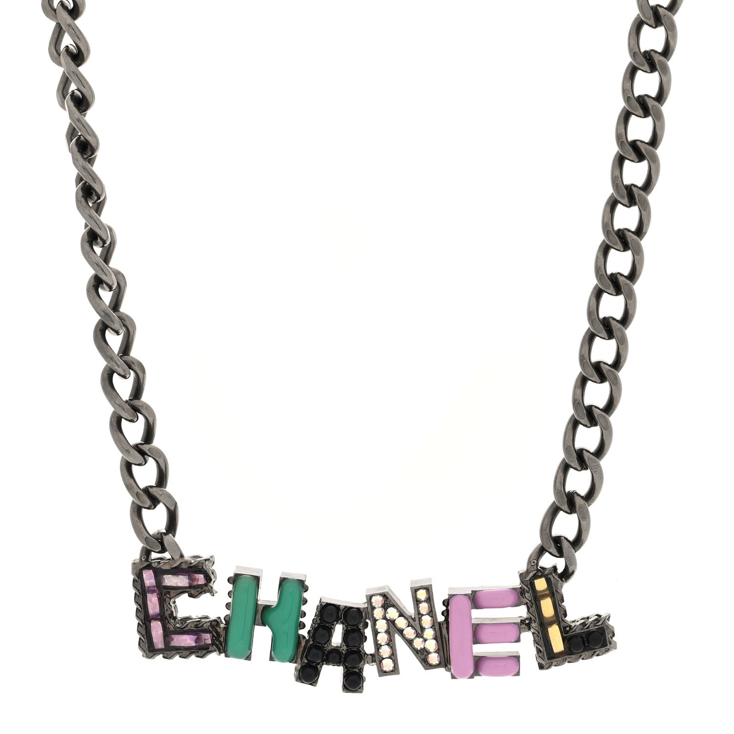 Chanel Crystal Enamel Pearl CC Logo Chain Choker Dark Silver Multicolor 1 of 4