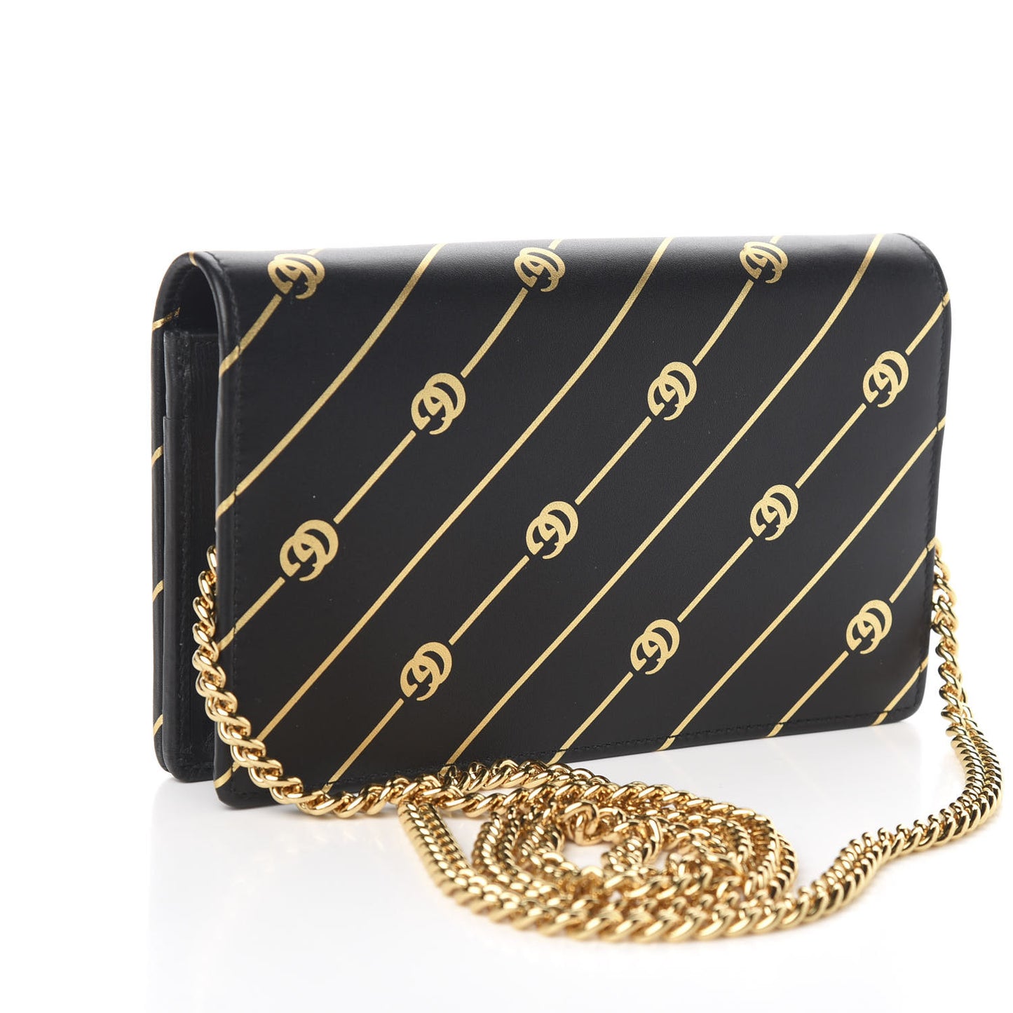 Calfskin Diagonal GG Mini Chain Wallet Black Gold