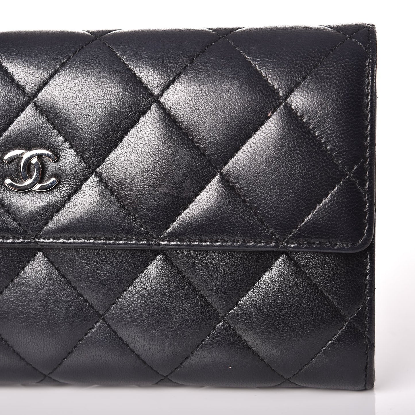 Lambskin Quilted Large Gusset Flap Wallet Black
