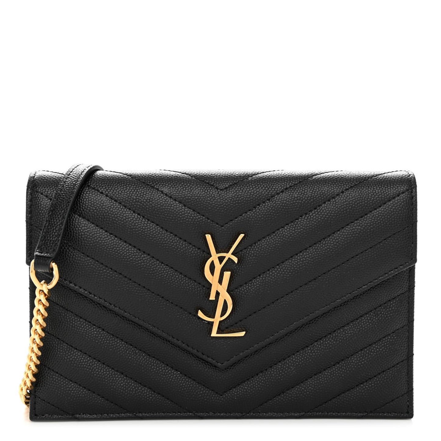 Grain De Poudre Matelasse Chevron Monogram Envelope Chain Wallet Black