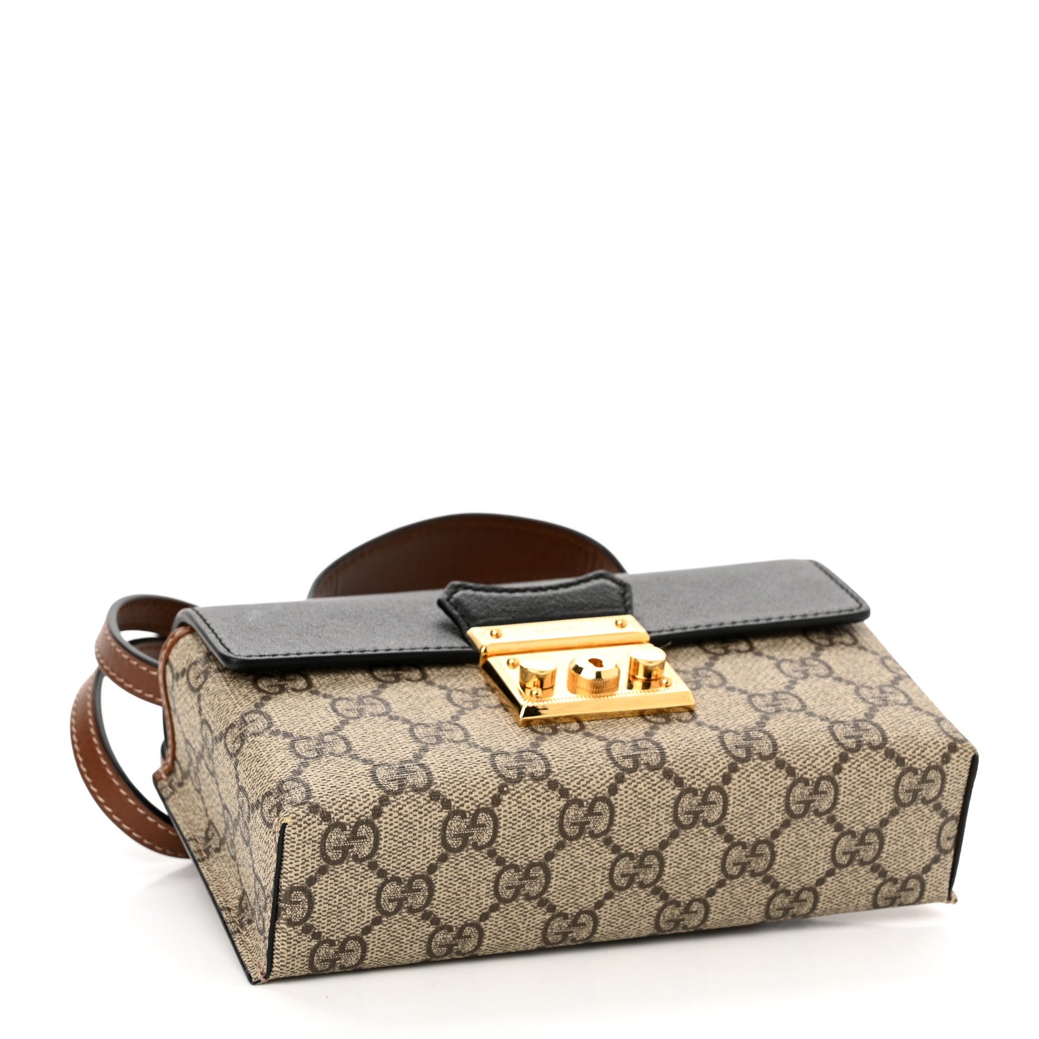 Gucci GG Supreme Monogram Calfskin Mini Padlock Top Handle Shoulder Bag Beige Black Cuir 4 of 12