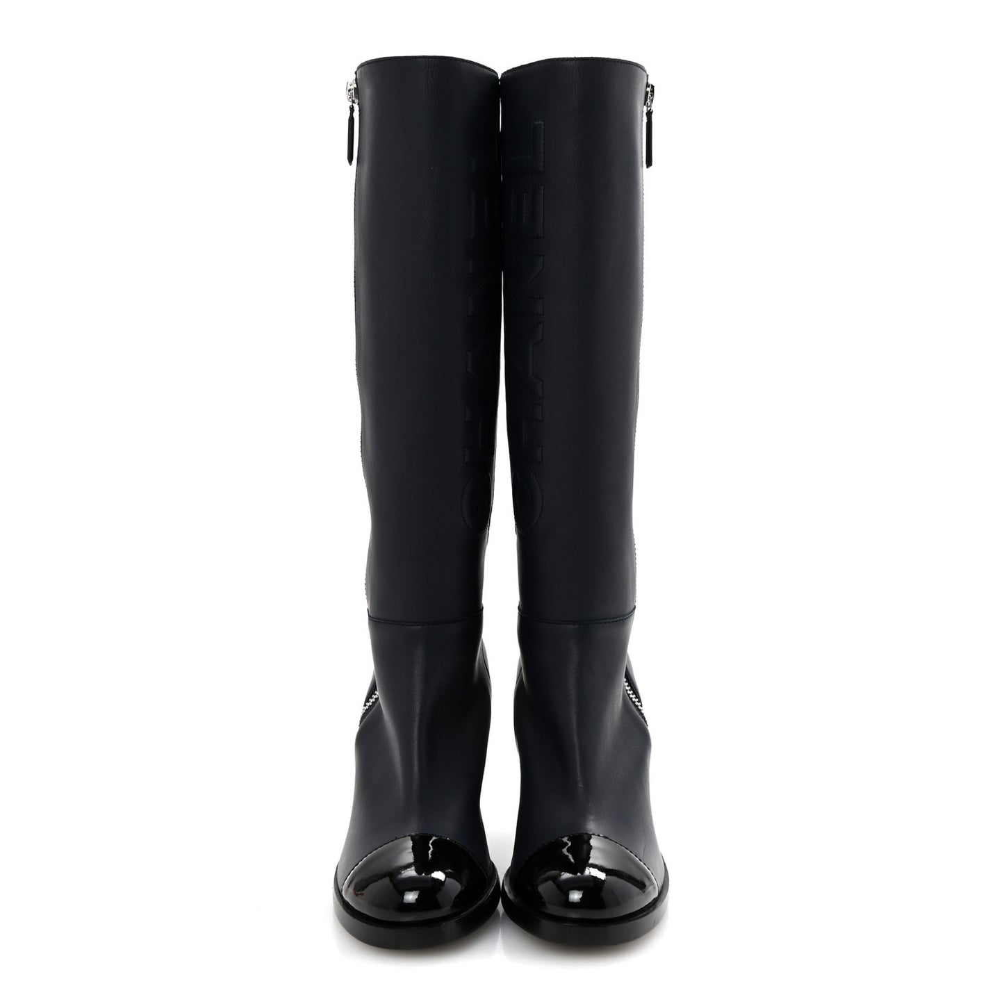 Calfskin Patent Cap Toe Quilted Logo Knee High Boots 39 Black