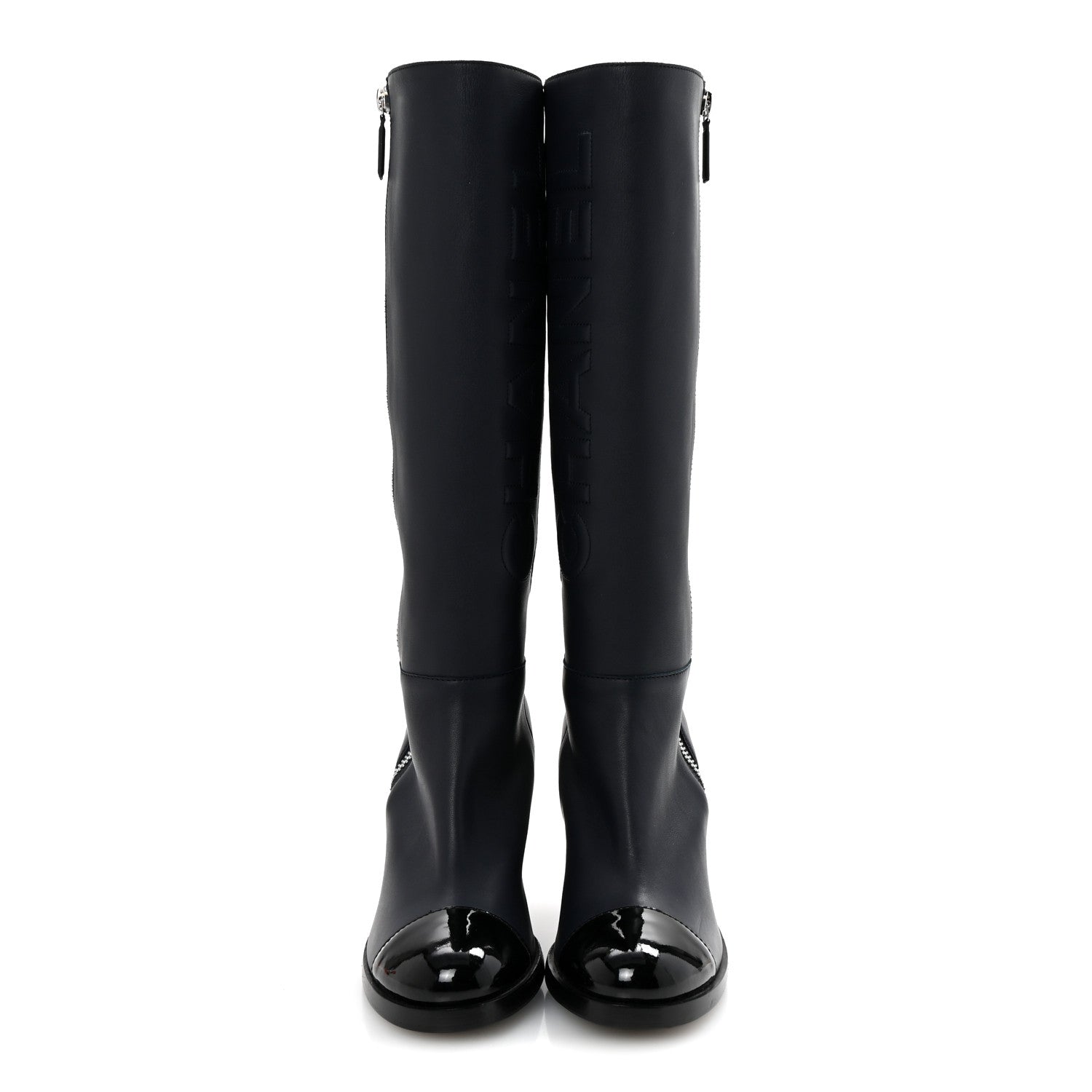 Chanel Calfskin Patent Cap Toe Quilted Logo Knee High Boots 39 Black 3 of 9