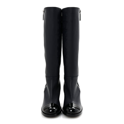 Chanel Calfskin Patent Cap Toe Quilted Logo Knee High Boots 39 Black 3 of 9