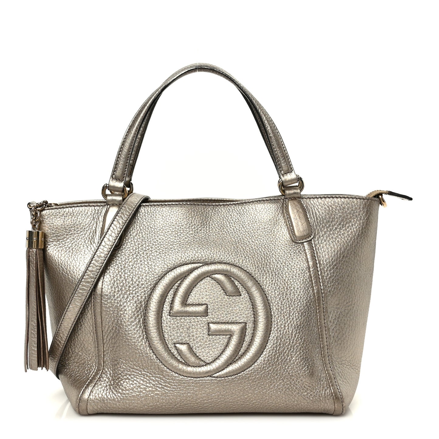 Metallic Pebbled Calfskin Small Soho Top Handle Bag Golden Beige