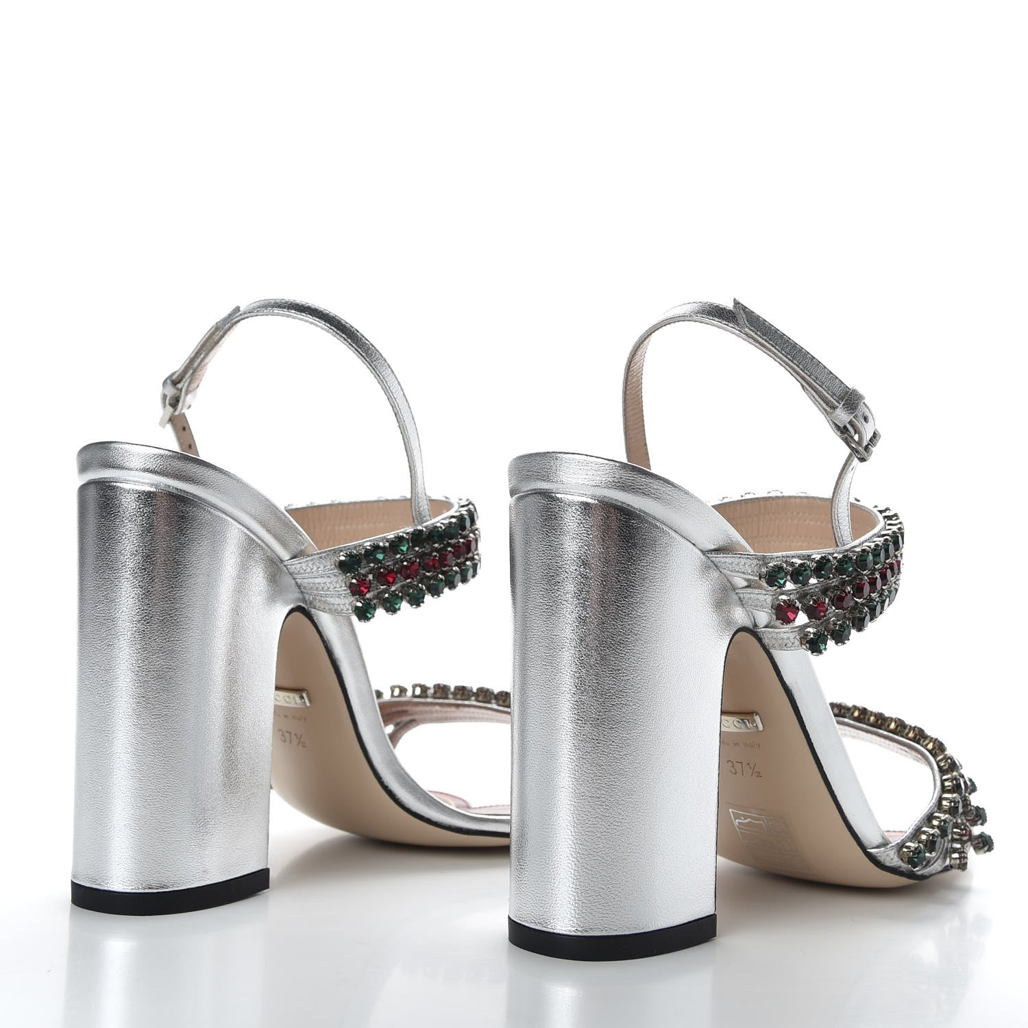 Gucci Nappa Silk Crystal Bertie High Heel Sandals 37.5 Argento 4 of 9