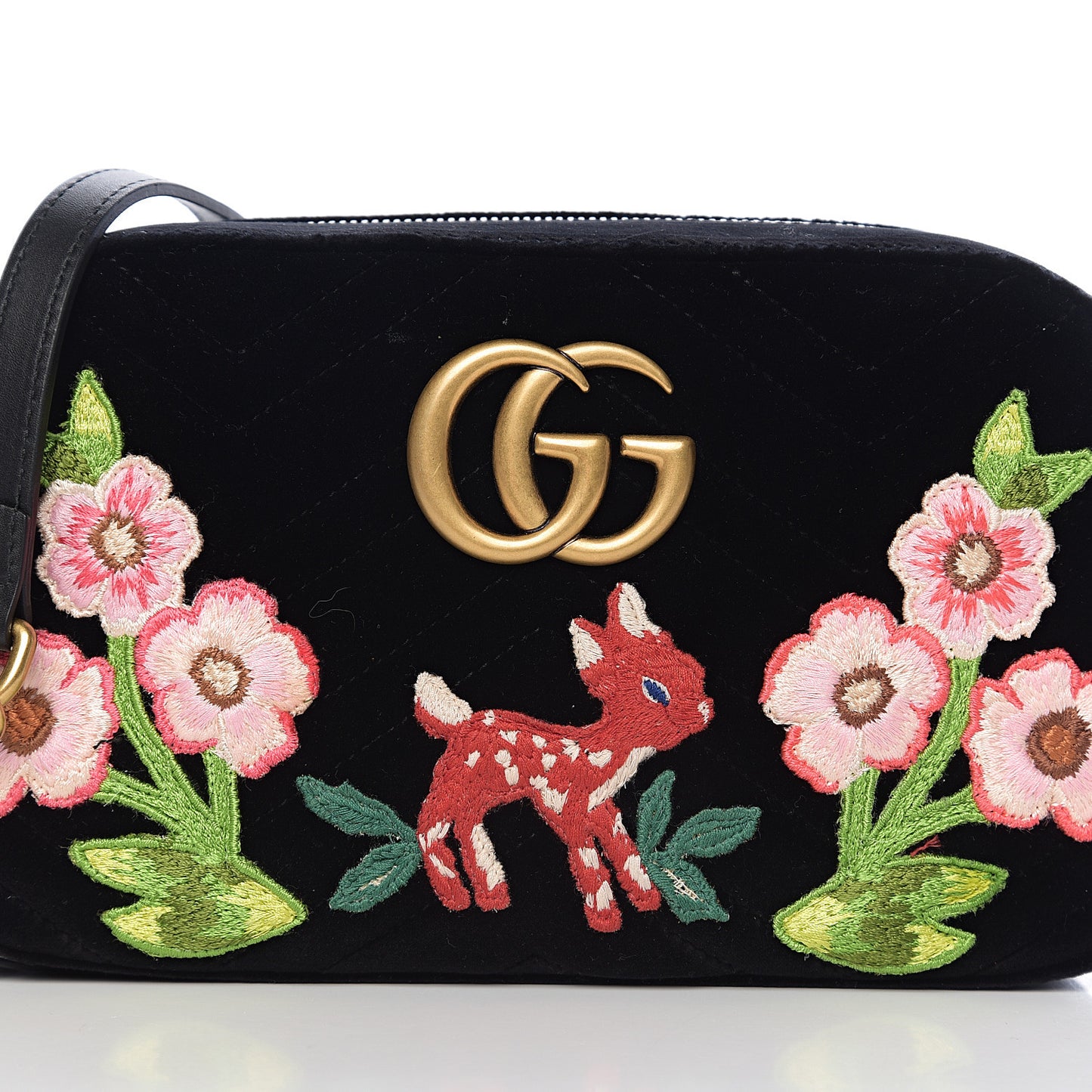 Velvet Matelasse Deer Embroidered Small GG Marmont Chain Shoulder Bag Black