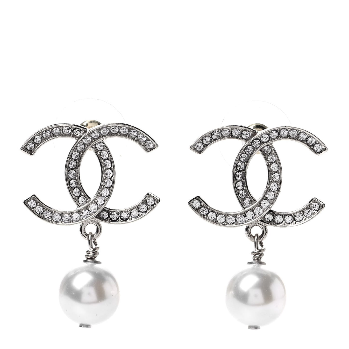 Crystal Pearl CC Drop Earrings Silver