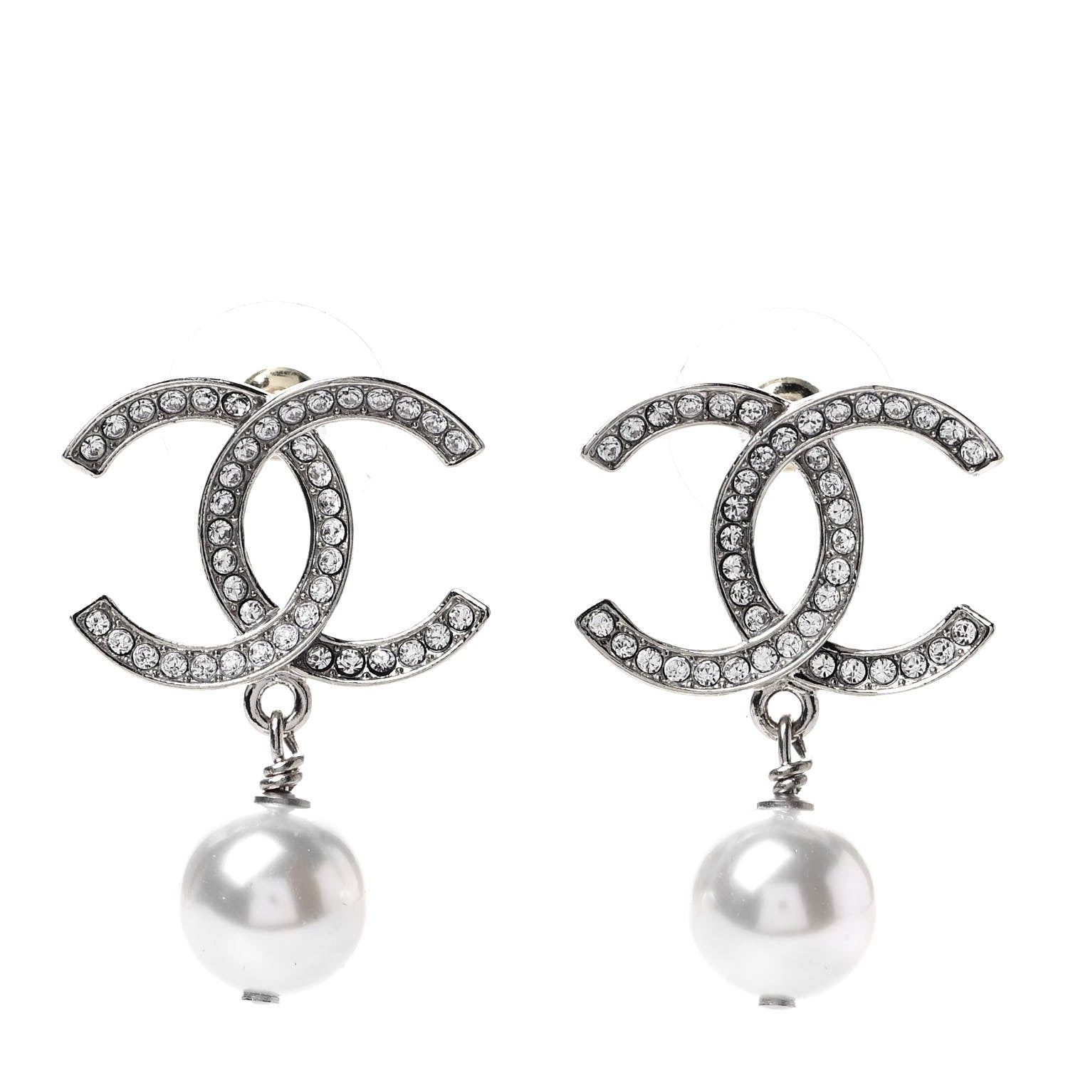 Chanel Crystal Pearl CC Drop Earrings Silver 1 of 4