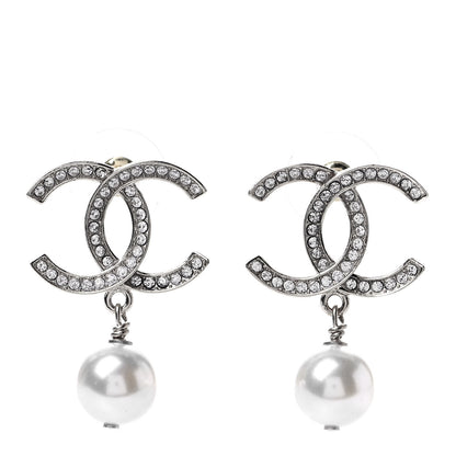 Chanel Crystal Pearl CC Drop Earrings Silver 1 of 4